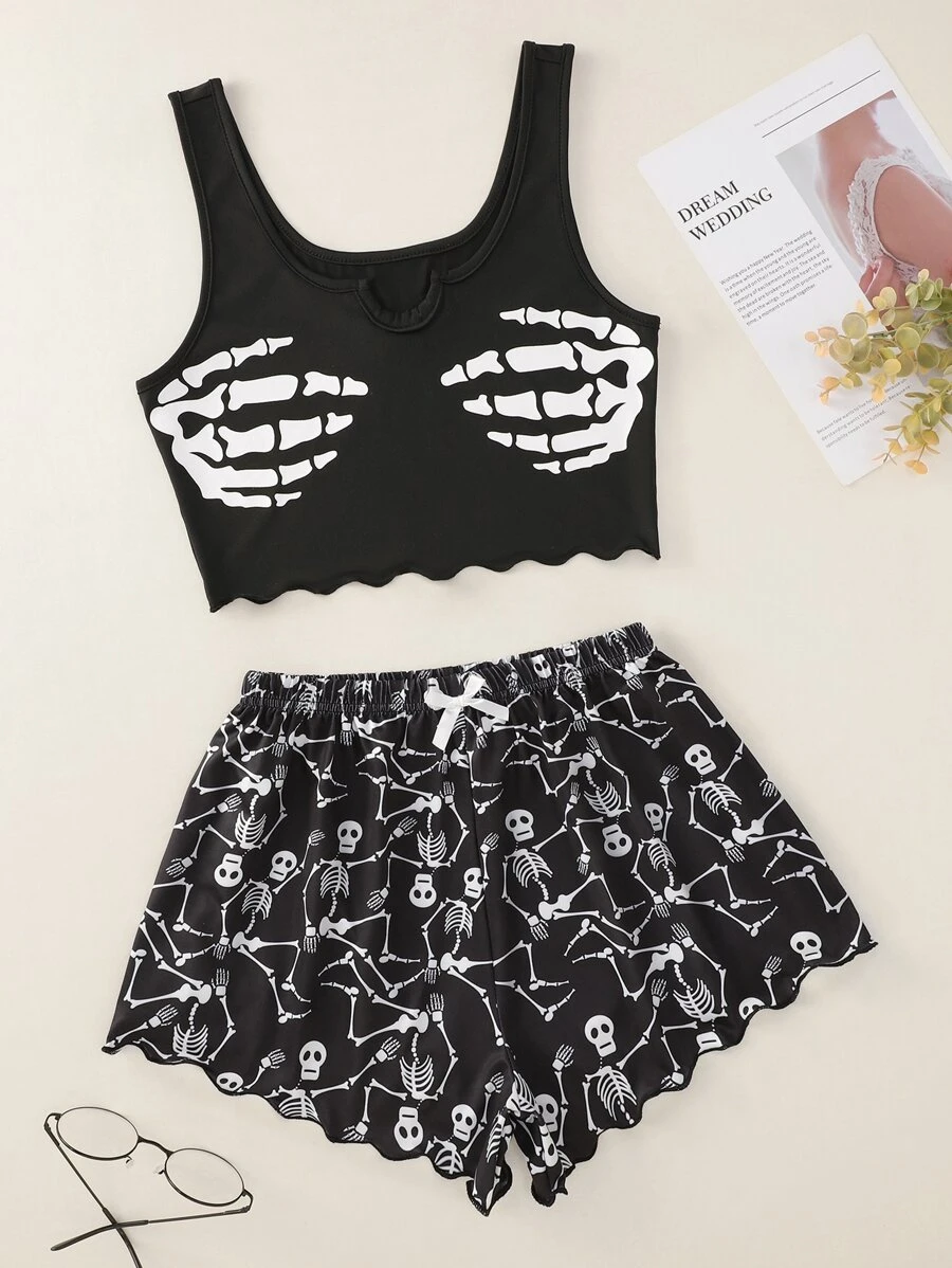 Skull Print Scallop Trim PJ Set - Black - View 1