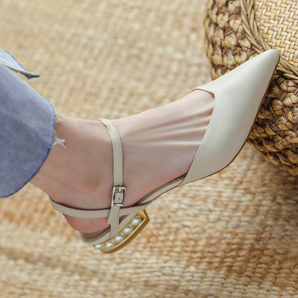 

Faux Pearl Decor Ankle Strap Leather Flats, Beige