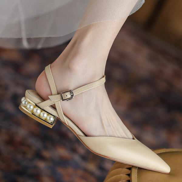 

Faux Pearl Decor Ankle Strap Leather Flats, Apricot