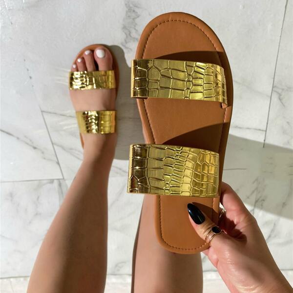 

Metallic Croc Embossed Slide Sandals, Gold