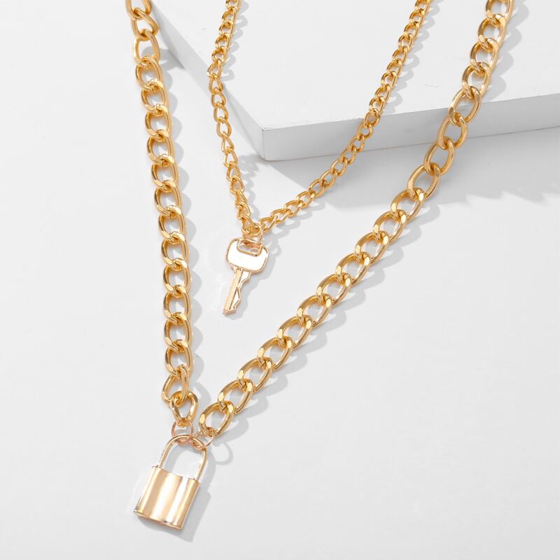

Lock & Key Layered Chain Necklace, Gold