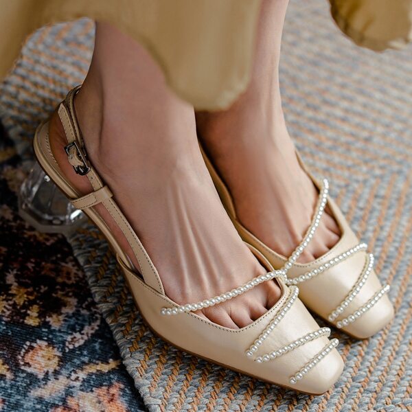 

Faux Pearl Decor Slingback Leather Pumps, Khaki