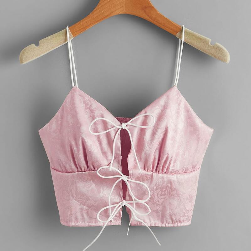

Satin Jacquard Tie Front Cami, Coral pink