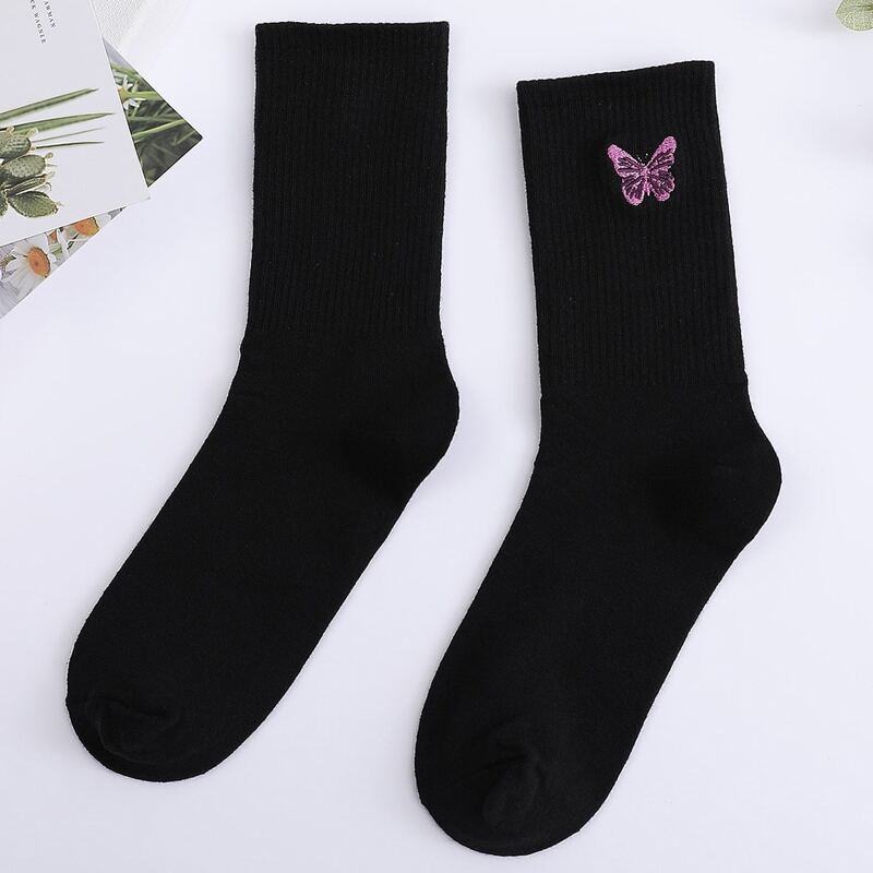 

Butterfly Embroidery Crew Socks, Black