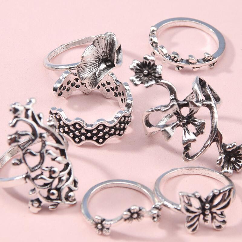 

7pcs Flower & Butterfly Ring, Antique silver