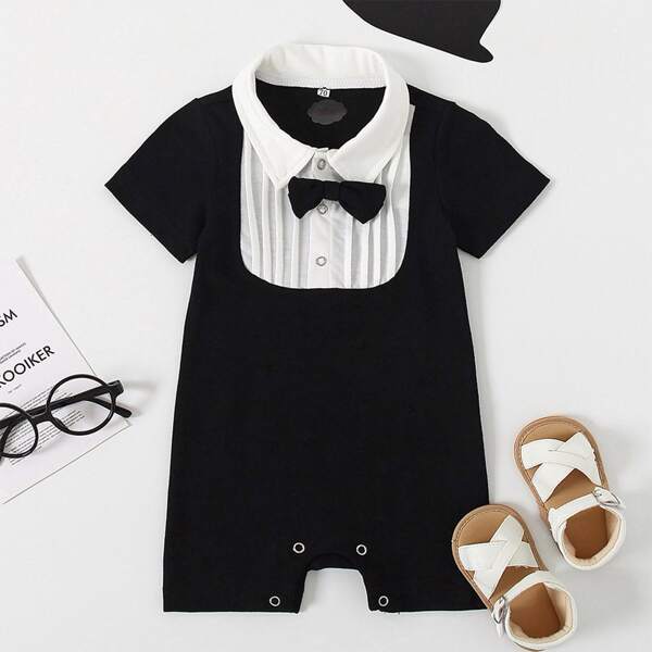 

Toddler Boys Bow Front Color-block Romper, Black