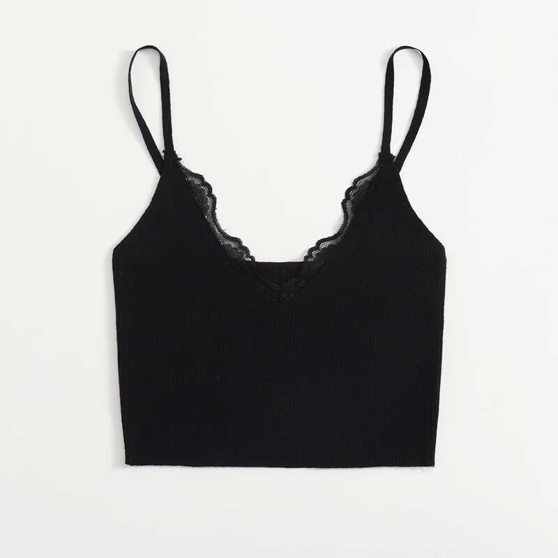 

Contrast Lace Knit Top, Black