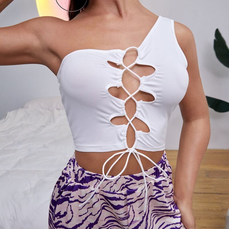 

Solid Lace Up Front One Shoulder Top, White