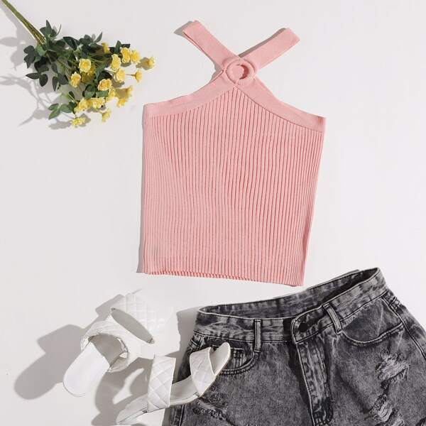 

O-Ring Linked Halter Knit Top, Coral pink
