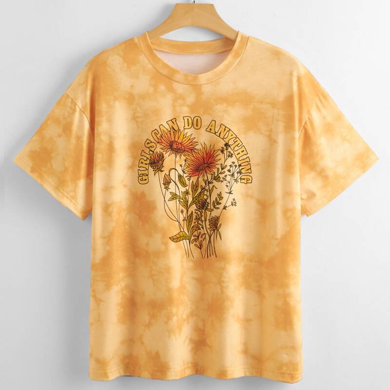 

Slogan Sunflower Graphic Tie Dye Tee, Mustard yellow