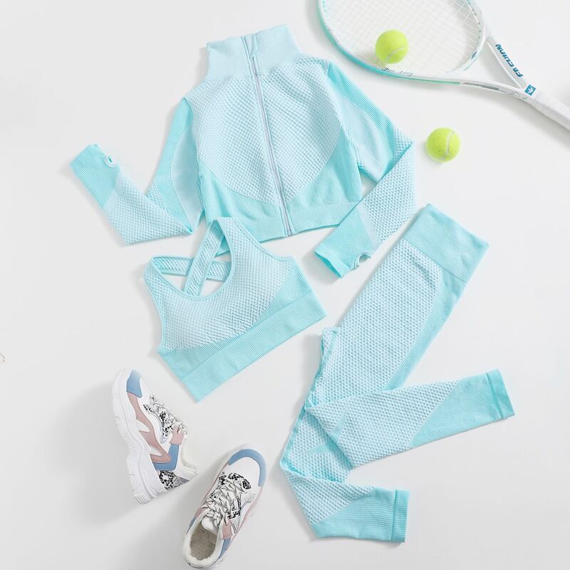 

Seamless 3pcs Sports Bra & Sports Jacket & Sports Leggings, Mint blue