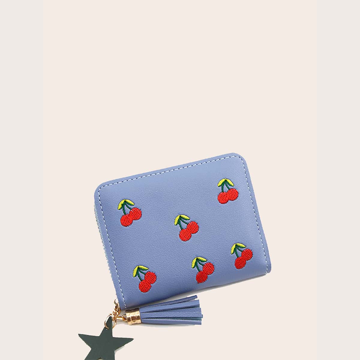 

Cherry Embroidery Zip Purse, Blue