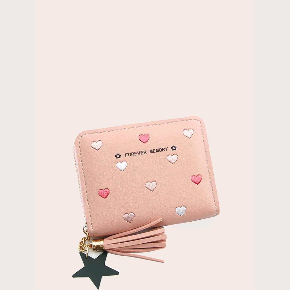 

Heart Embroidery Zip Purse, Pink