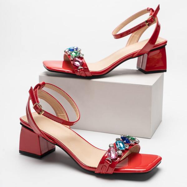 

Gemstone Decor Ankle Strap Chunky Sandals, Red