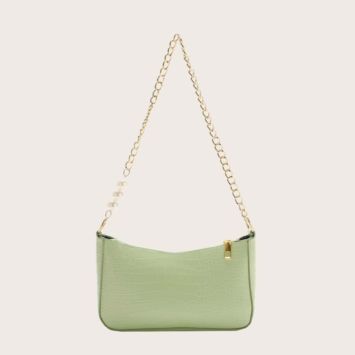 

Croc Embossed Chain Baguette Bag, Green