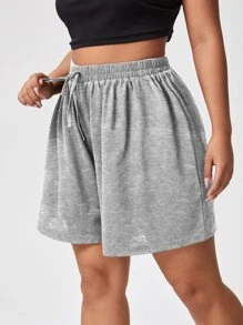 Flirla Quần Short kích thước lớn Thắt nút màu trơn Giải trí - Xám - Xem 1