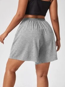 Flirla Quần Short kích thước lớn Thắt nút màu trơn Giải trí - Xám - Xem 2