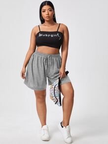 Flirla Quần Short kích thước lớn Thắt nút màu trơn Giải trí - Xám - Xem 3