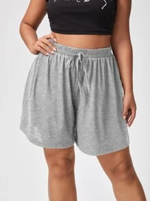 Flirla Quần Short kích thước lớn Thắt nút màu trơn Giải trí - Xám - Xem 4