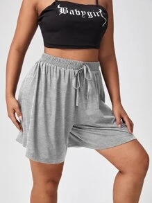 Flirla Quần Short kích thước lớn Thắt nút màu trơn Giải trí - Xám - Xem 5