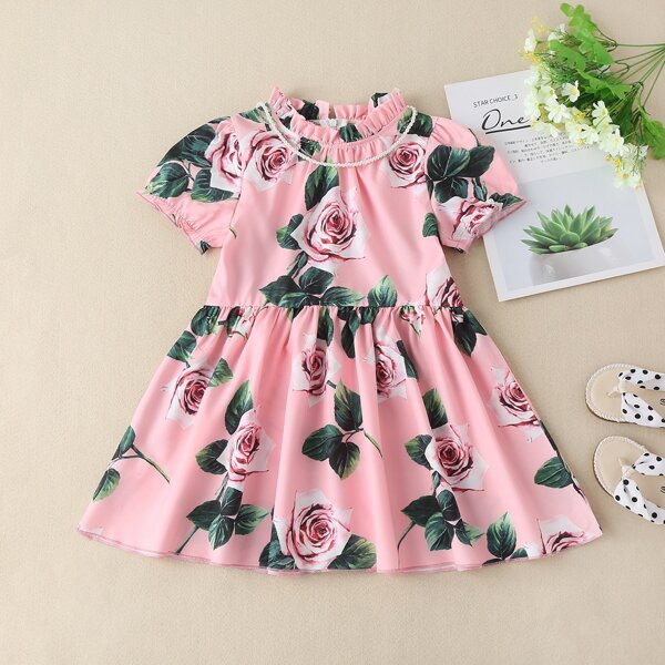 

Toddler Girls Floral Puff Sleeve Babydoll Dress With Pearls Necklace, Pink