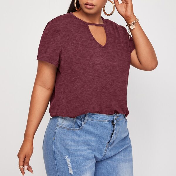 

Plus Keyhole Neck Solid Tee, Burgundy
