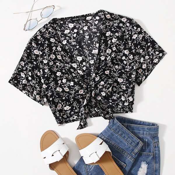 

Tie Front Ditsy Floral Top, Black and white