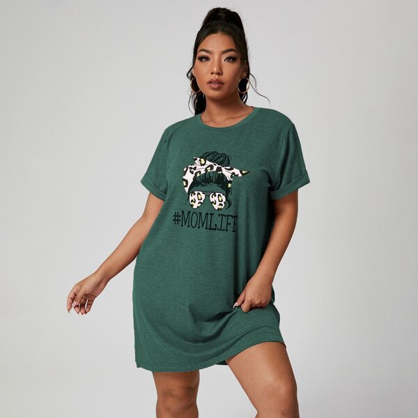 

Plus Letter & Figure Graphic Tee Dress, Dark green