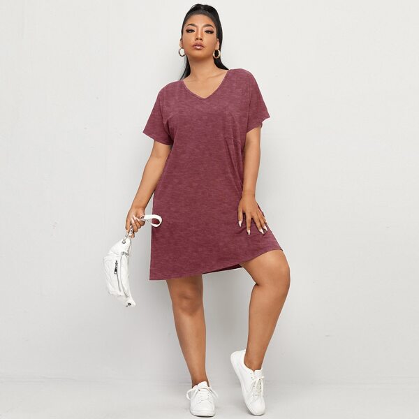 

Plus Solid V Neck Tee Dress, Burgundy