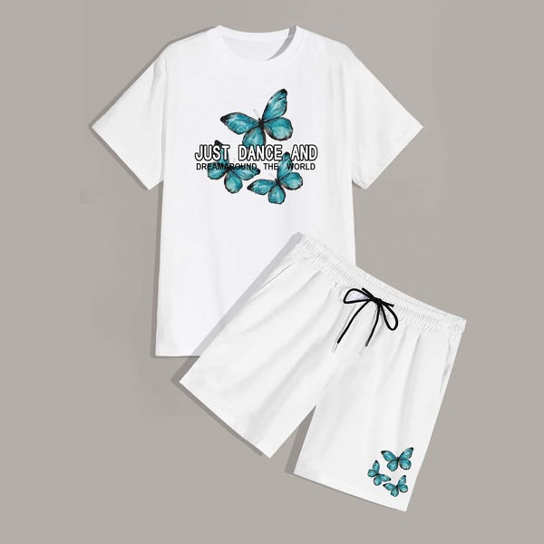 

Men Butterfly & Slogan Graphic Tee & Drawstring Waist Track Shorts, White