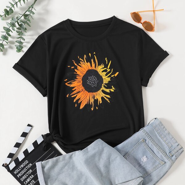 

Plus Floral Print Crew Neck Tee, Black