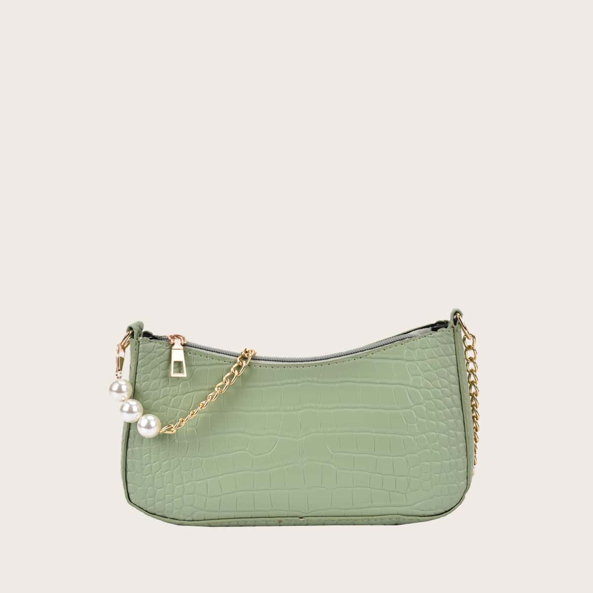 

Croc Embossed Chain Baguette Bag, Green