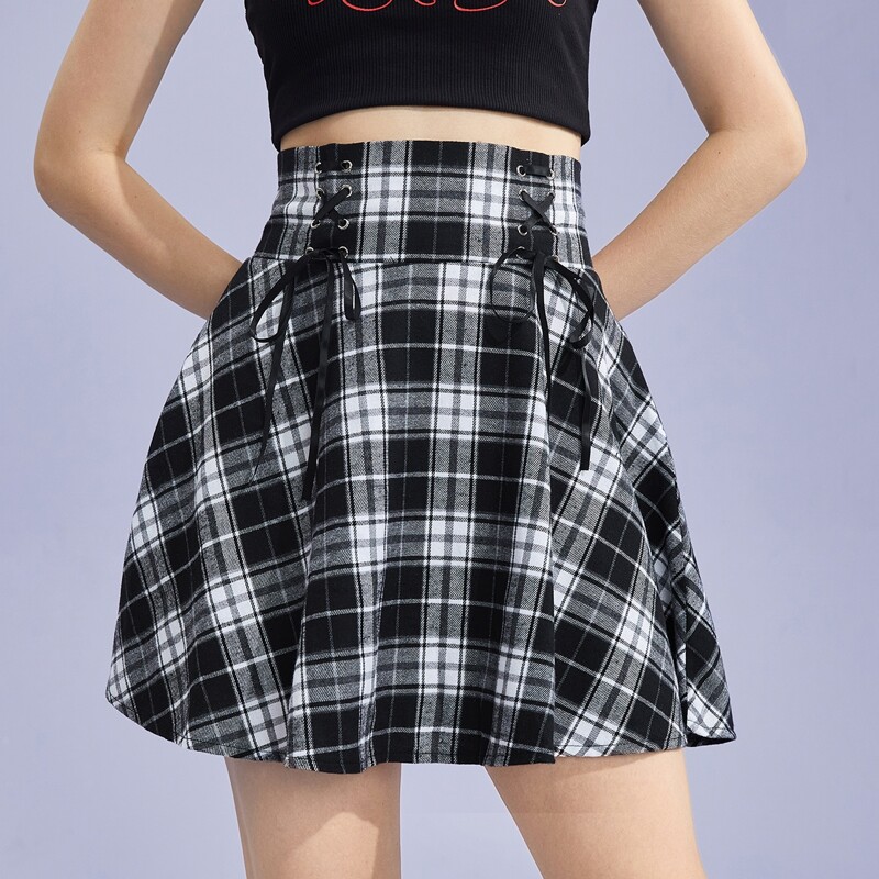 

Plaid Lace Up Lace Up Skirt, Black and white