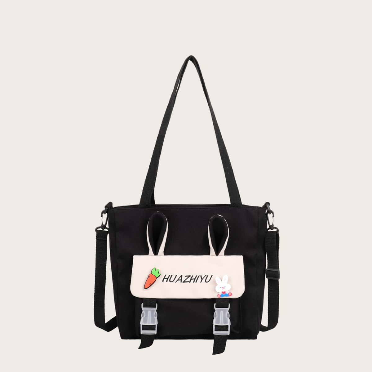 

Cartoon Rabbit Canvas Tote Bag, Black
