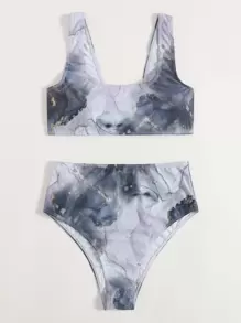 Marble Print High Waisted Bikini Set - Multicolor - View 1