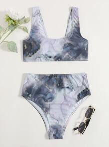 Marble Print High Waisted Bikini Set - Multicolor - View 3
