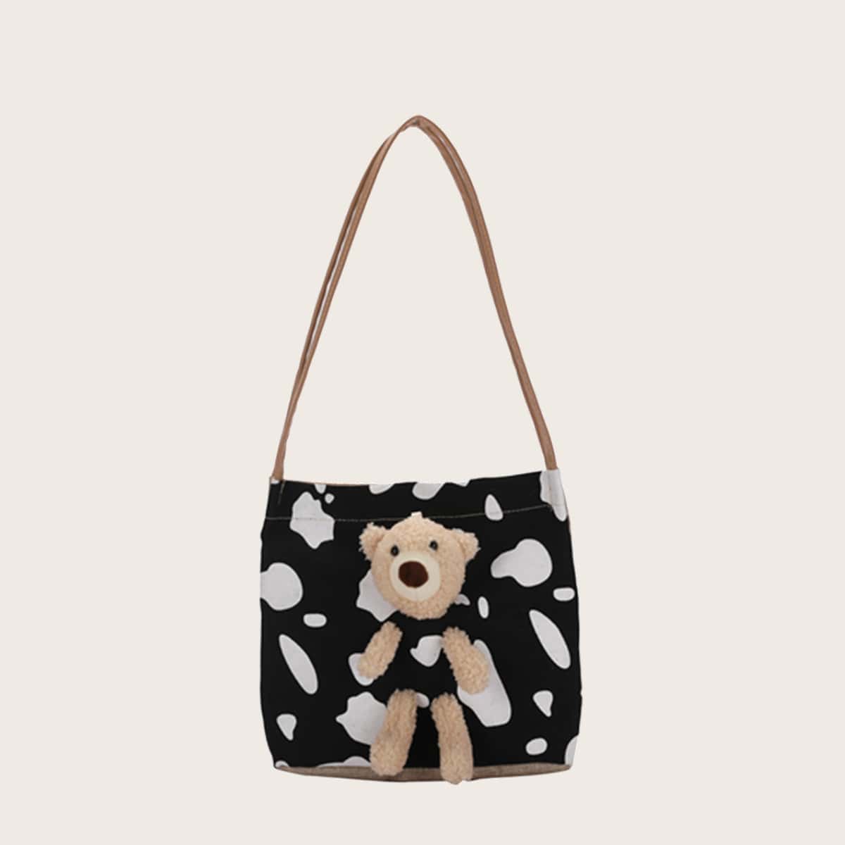 

Cartoon Bear Cow Print Tote Bag, Black