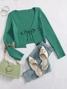 SHEIN Qutie Tie Front Rib-knit Cardigan - Green - View 1