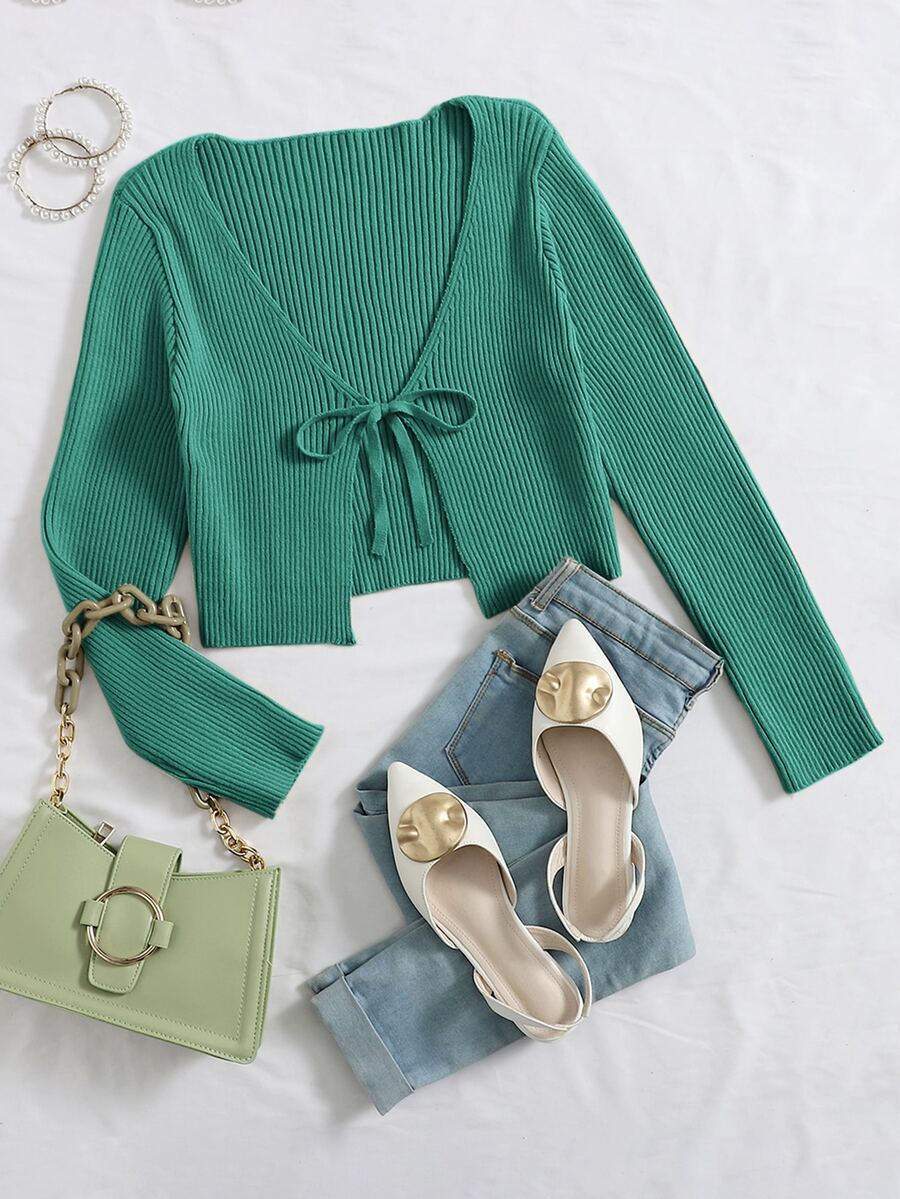 SHEIN Qutie Tie Front Rib-knit Cardigan - Green - View 1
