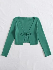 SHEIN Qutie Tie Front Rib-knit Cardigan - Green - View 3