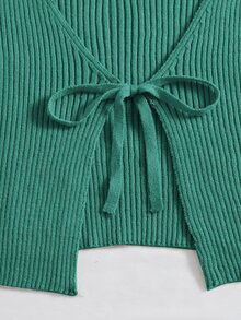 SHEIN Qutie Tie Front Rib-knit Cardigan - Green - View 5