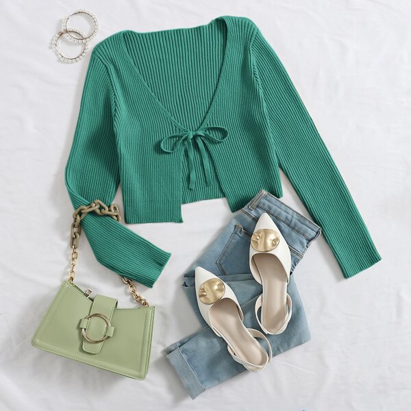

Tie Front Rib-knit Cardigan, Green