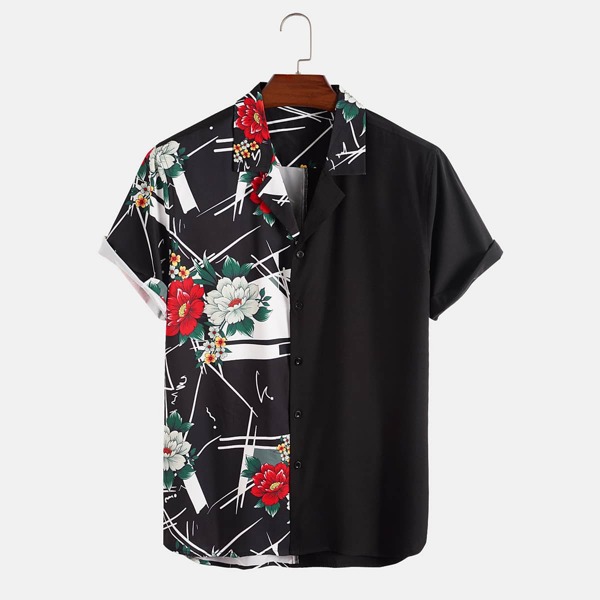 

Men Floral Print Button Through Shirt, Black