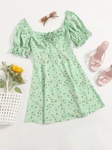 Soleia Puff Sleeve Ruched Front Ditsy Floral Dress - Mint Green - View 1