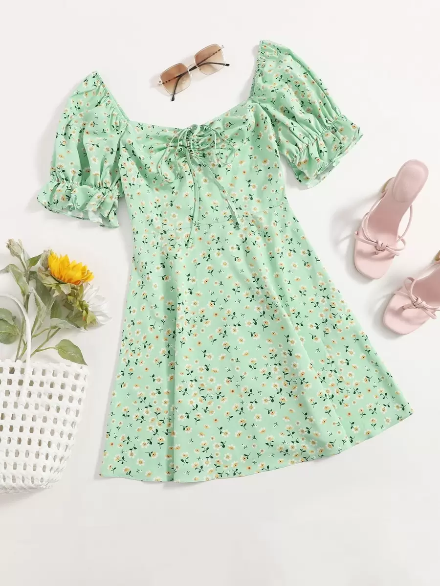 Soleia Puff Sleeve Ruched Front Ditsy Floral Dress - Mint Green - View 1
