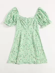 Soleia Puff Sleeve Ruched Front Ditsy Floral Dress - Mint Green - View 2