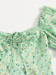 Soleia Puff Sleeve Ruched Front Ditsy Floral Dress - Mint Green - View 4