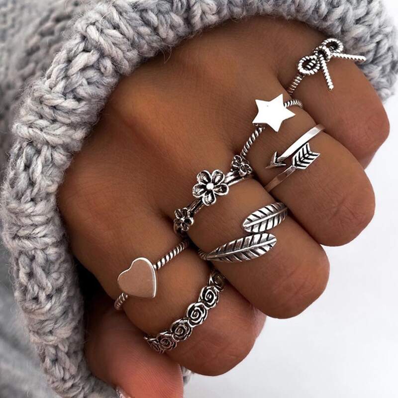 

7pcs Heart & Star Design Ring, Antique silver