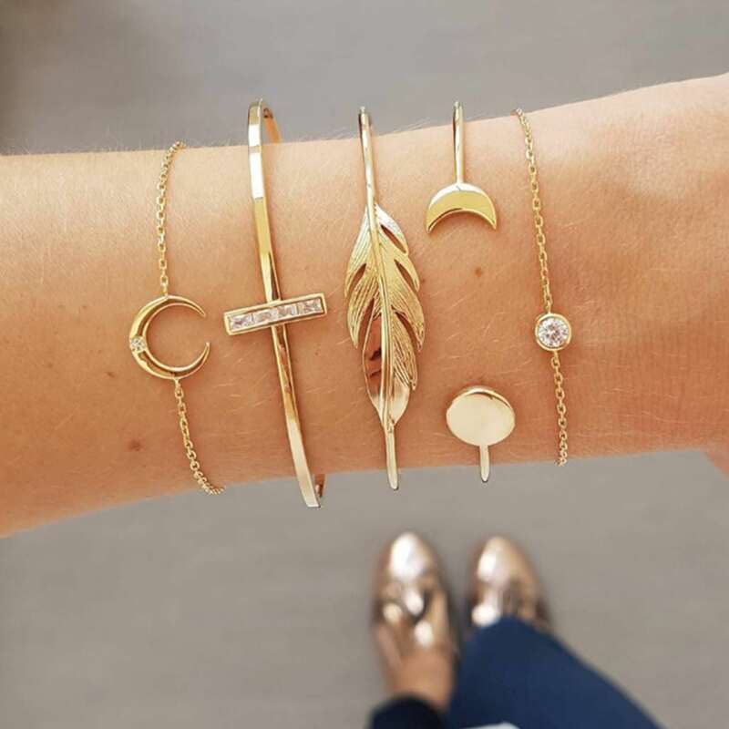 

5pcs Moon & Leaf Bracelet, Gold