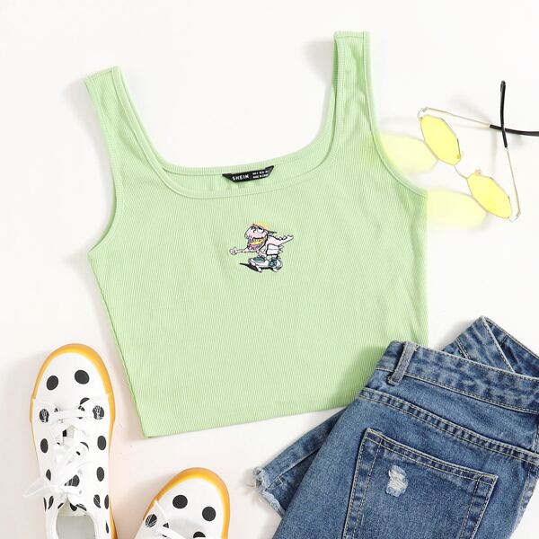 

Cartoon Embroidered Rib-knit Tank Top, Lime green